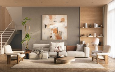 Zarif, davetkar bir iç mekan sıcak nötr tonlar, parlak modern mobilyalar ve ahşap raflar, 3D tasarım.