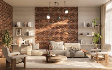 Zarif, davetkar bir iç mekan sıcak nötr tonlar, parlak modern mobilyalar ve ahşap raflar, 3D tasarım.