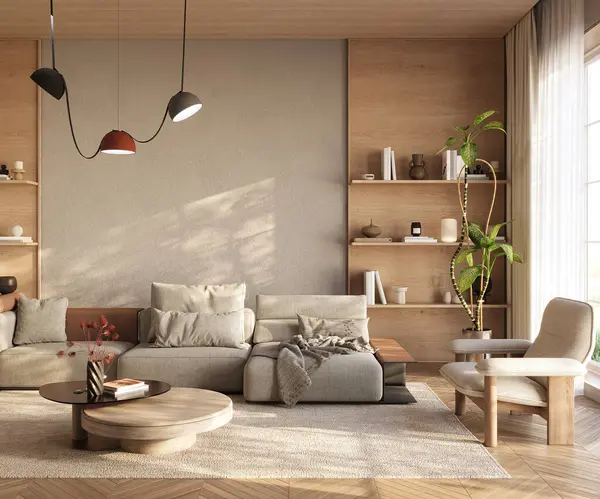 Zarif, davetkar bir iç mekan sıcak nötr tonlar, parlak modern mobilyalar ve ahşap raflar, 3D tasarım.