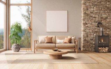 Sıcak, minimalist oturma odası, ahşap, nötr tonlar ve şömine, 3D görüntüleme 