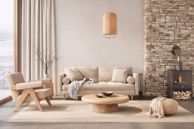 Sıcak, minimalist oturma odası, ahşap, nötr tonlar ve şömine, 3D görüntüleme 