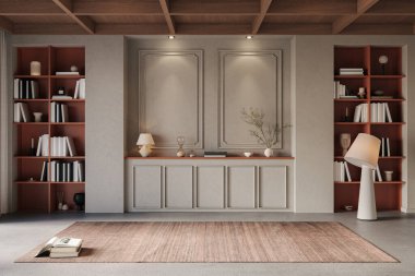 Modern tasarımcı mobilyalarının ve zarif aksesuarların yer aldığı şık bir oturma odası.