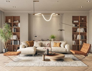 Modern tasarımcı mobilyalarının ve zarif aksesuarların yer aldığı şık bir oturma odası.