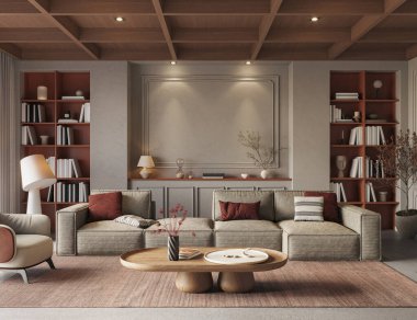 Modern tasarımcı mobilyalarının ve zarif aksesuarların yer aldığı şık bir oturma odası.