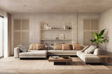 Oturma odasının modern iç tasarımı yumuşak nötr tonlarda. İç modelleme, 3D canlandırma