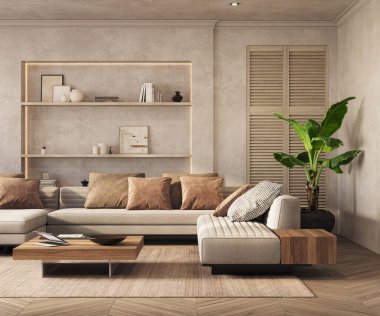 Oturma odasının modern iç tasarımı yumuşak nötr tonlarda. İç modelleme, 3D canlandırma