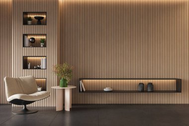 Modern, minimalist oturma odası dikey ahşap panelli, parlak mobilyalı, şık dekorlu, 3 boyutlu. 