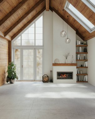 Yüksek tavanlı, deri koltuklu, sıcak ve kırsal oturma odası, 3 boyutlu. 