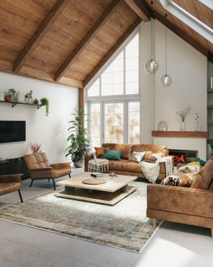 Yüksek tavanlı, deri koltuklu, sıcak ve kırsal oturma odası, 3 boyutlu. 