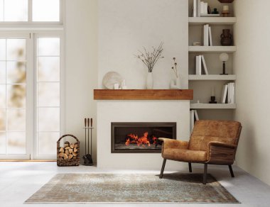 Yüksek tavanlı, deri koltuklu, sıcak ve kırsal oturma odası, 3 boyutlu. 