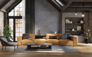 Koyu kırsal oturma odası, yüksek tavanlar, beton duvarlar ve rahat mobilyalar, 3D döşeme. 