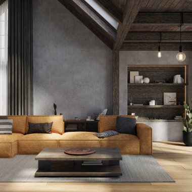 Koyu kırsal oturma odası, yüksek tavanlar, beton duvarlar ve rahat mobilyalar, 3D döşeme. 