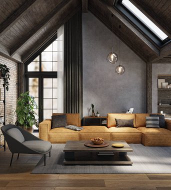 Koyu kırsal oturma odası, yüksek tavanlar, beton duvarlar ve rahat mobilyalar, 3D döşeme. 