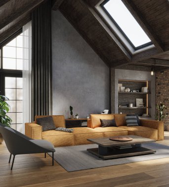 Koyu kırsal oturma odası, yüksek tavanlar, beton duvarlar ve rahat mobilyalar, 3D döşeme. 