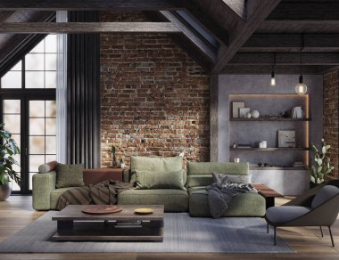 Koyu kırsal oturma odası, yüksek tavanlar, beton duvarlar ve rahat mobilyalar, 3D döşeme. 