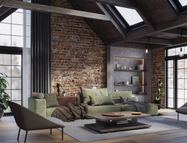 Koyu kırsal oturma odası, yüksek tavanlar, beton duvarlar ve rahat mobilyalar, 3D döşeme. 