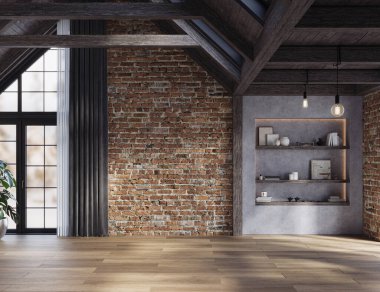 Koyu kırsal oturma odası, yüksek tavanlar, beton duvarlar ve rahat mobilyalar, 3D döşeme. 