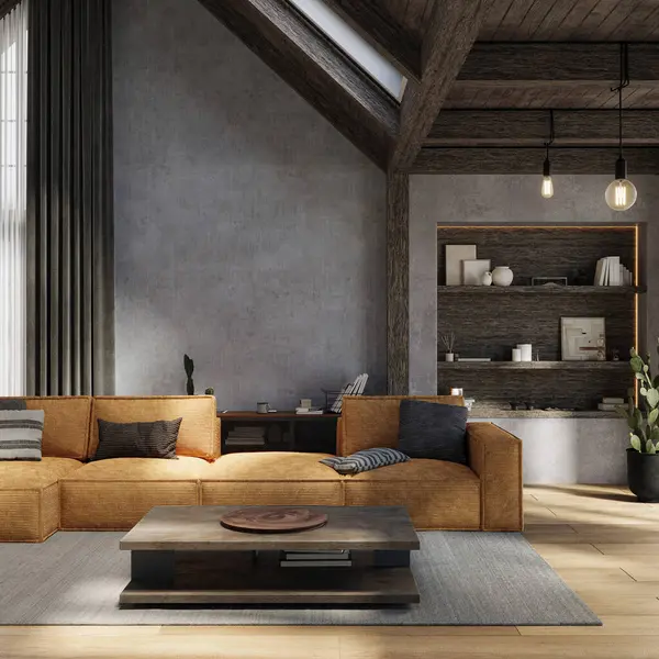 Koyu kırsal oturma odası, yüksek tavanlar, beton duvarlar ve rahat mobilyalar, 3D döşeme. 