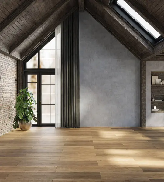 Koyu kırsal oturma odası, yüksek tavanlar, beton duvarlar ve rahat mobilyalar, 3D döşeme. 