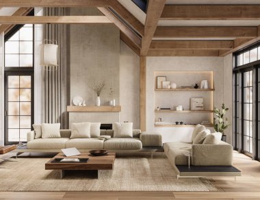 Yüksek tavanlı, yumuşak ışıklandırmalı, rahat mobilyalı, 3D işlemeli, sıcak kırsal oturma odası.