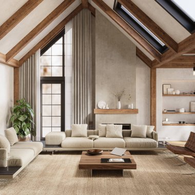 Yüksek tavanlı, yumuşak ışıklandırmalı, rahat mobilyalı, 3D işlemeli, sıcak kırsal oturma odası.