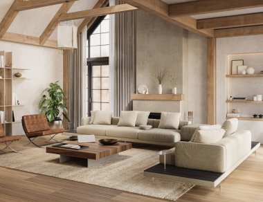 Yüksek tavanlı, yumuşak ışıklandırmalı, rahat mobilyalı, 3D işlemeli, sıcak kırsal oturma odası.