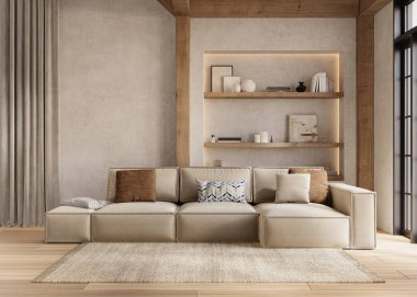 Yüksek tavanlı, yumuşak ışıklandırmalı, rahat mobilyalı, 3D işlemeli, sıcak kırsal oturma odası.