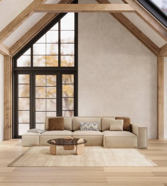 Yüksek tavanlı, yumuşak ışıklandırmalı, rahat mobilyalı, 3D işlemeli, sıcak kırsal oturma odası.