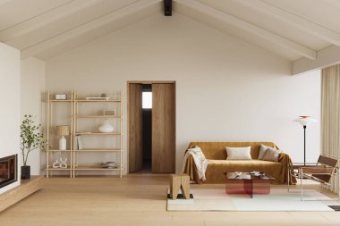 Parlak, yüksek tavanlı, yumuşak ışıklandırmalı, rahat mobilyalı, 3 boyutlu, davetkar oturma odası.