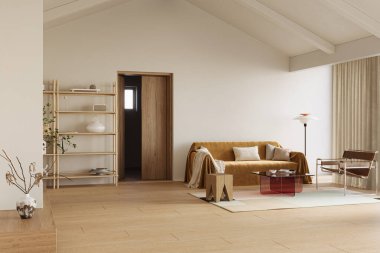 Parlak, yüksek tavanlı, yumuşak ışıklandırmalı, rahat mobilyalı, 3 boyutlu, davetkar oturma odası.