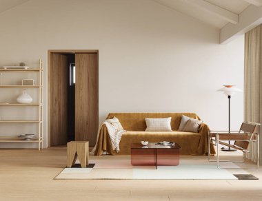 Parlak, yüksek tavanlı, yumuşak ışıklandırmalı, rahat mobilyalı, 3 boyutlu, davetkar oturma odası.