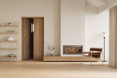 Parlak, yüksek tavanlı, yumuşak ışıklandırmalı, rahat mobilyalı, 3 boyutlu, davetkar oturma odası.