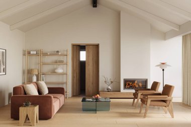 Parlak, yüksek tavanlı, yumuşak ışıklandırmalı, rahat mobilyalı, 3 boyutlu, davetkar oturma odası.