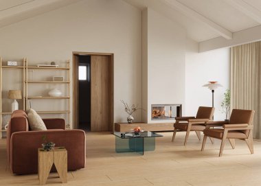 Parlak, yüksek tavanlı, yumuşak ışıklandırmalı, rahat mobilyalı, 3 boyutlu, davetkar oturma odası.