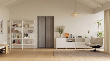 Parlak, yüksek tavanlı, yumuşak ışıklandırmalı, rahat mobilyalı, 3 boyutlu, davetkar oturma odası.