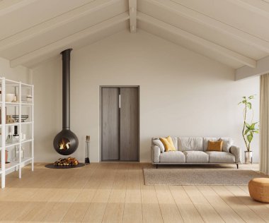 Parlak, yüksek tavanlı, yumuşak ışıklandırmalı, rahat mobilyalı, 3 boyutlu, davetkar oturma odası.