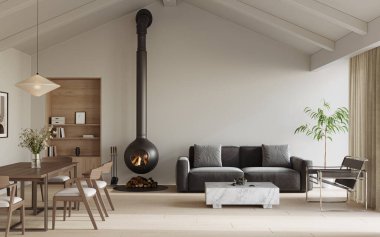 Parlak, yüksek tavanlı, yumuşak ışıklandırmalı, rahat mobilyalı, 3 boyutlu, davetkar oturma odası.