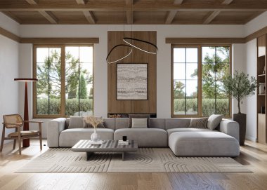 Modern tasarımcı mobilyalarının ve zarif aksesuarların yer aldığı şık bir oturma odası.