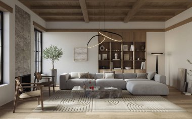 Modern tasarımcı mobilyalarının ve zarif aksesuarların yer aldığı şık bir oturma odası.