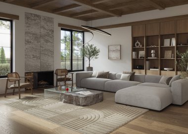 Modern tasarımcı mobilyalarının ve zarif aksesuarların yer aldığı şık bir oturma odası.