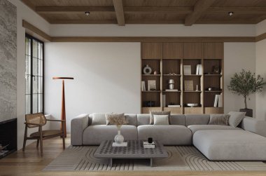 Modern tasarımcı mobilyalarının ve zarif aksesuarların yer aldığı şık bir oturma odası.