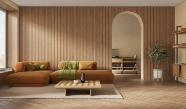 Kemerli duvarı ve ahşap paneli olan modern dairenin iç tasarımı. İç modelleme, 3D canlandırma