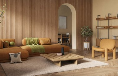 Kemerli duvarı ve ahşap paneli olan modern dairenin iç tasarımı. İç modelleme, 3D canlandırma