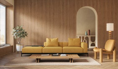 Kemerli duvarı ve ahşap paneli olan modern dairenin iç tasarımı. İç modelleme, 3D canlandırma