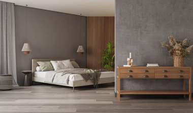 Yatak odasının modern iç tasarımı. İç modelleme, 3D canlandırma