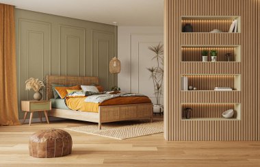 Yatak odasının modern iç tasarımı. İç modelleme, 3D canlandırma