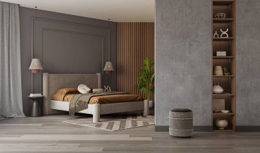 Yatak odasının modern iç tasarımı. İç modelleme, 3D canlandırma