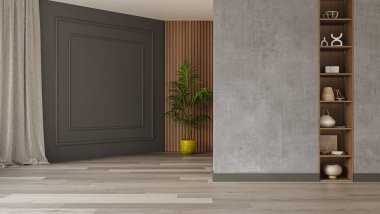 Oturma odasının modern iç tasarımı. İç modelleme, 3D canlandırma