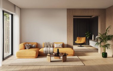 Modern dairenin çağdaş iç tasarımı. Modern tasarım çözümü, 3d görüntüleme