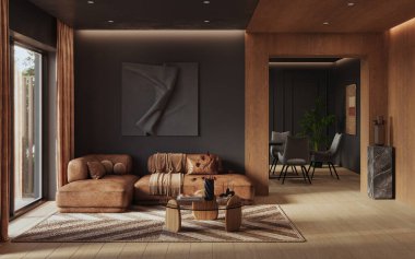 Modern dairenin çağdaş iç tasarımı. Modern tasarım çözümü, 3d görüntüleme